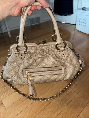 Quilted Beige Leather Satchel Handbag with Gold Chain - Stam Bag